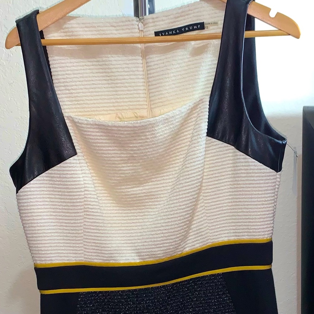 Ivanka Trump sleeveless black & white w/ gold & leather above the knee dress